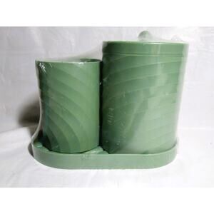 Horizon Bathroom Vanity Set Lidded Jar Drinking Cup and Tray Sage Green Plastic